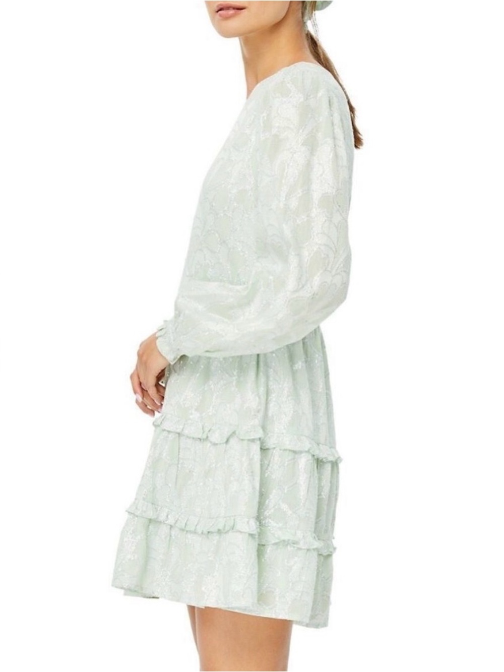 Roller Rabbit Mint Green 100% Cotton Tiered Long-Sleeve Dress w Silver Thread